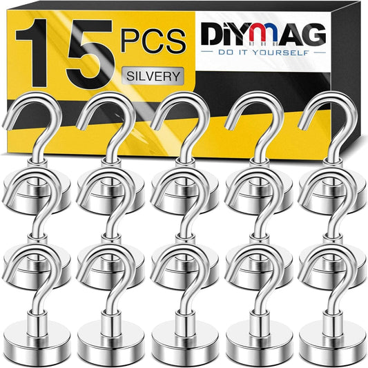 DIYMAG Magnetic Hooks, 30Lbs Strong Heavy Duty Cruise Magnet Hooks for Classroom, Fridge, Hanging, Cabins, Grill, Kitchen, Garage, Workplace and Office etc, (15 Pack-Silver)
