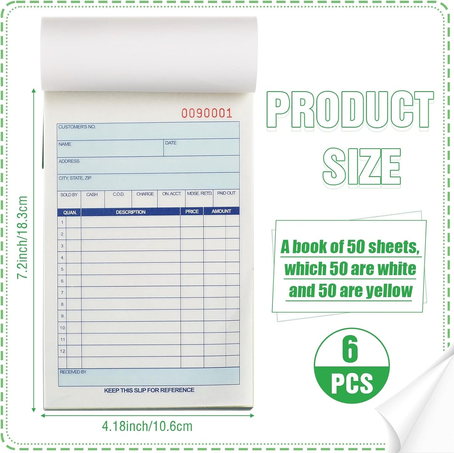 Lincia 6 Pads Sales Order Books 2 Part Carbonless (White/Canary Yellow) Receipt with Carbon Copies Cover Receipt Form Invoice 50 Sets Per Book (4.18 x 7.2 Inch/ 10.6 x 18.3 Cm)