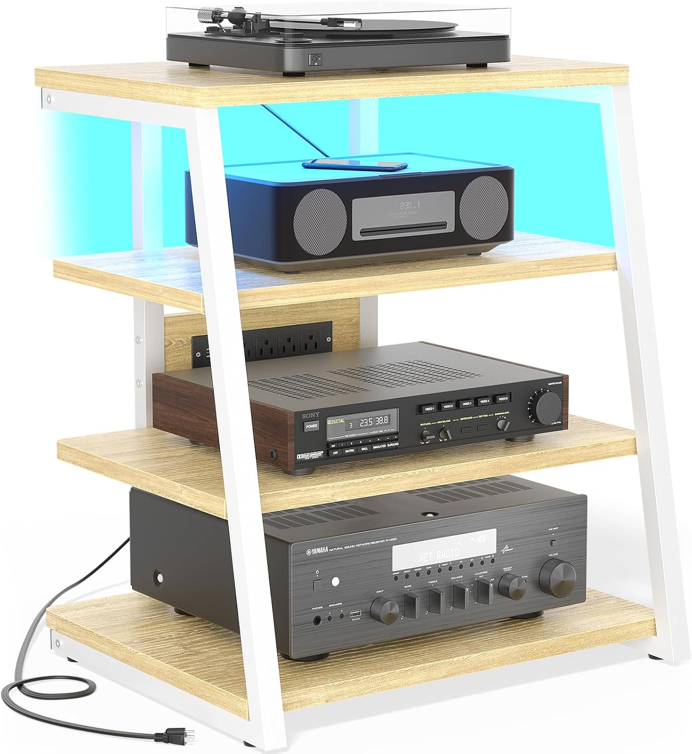 AV Media Stand with Outlets, Media Console with LED Lights, Stereo Racks and Stands with Storage Shelves, Media Audio Tower Cabinet, Natural Oak and White