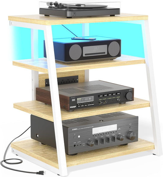 AV Media Stand with Outlets, Media Console with LED Lights, Stereo Racks and Stands with Storage Shelves, Media Audio Tower Cabinet, Natural Oak and White