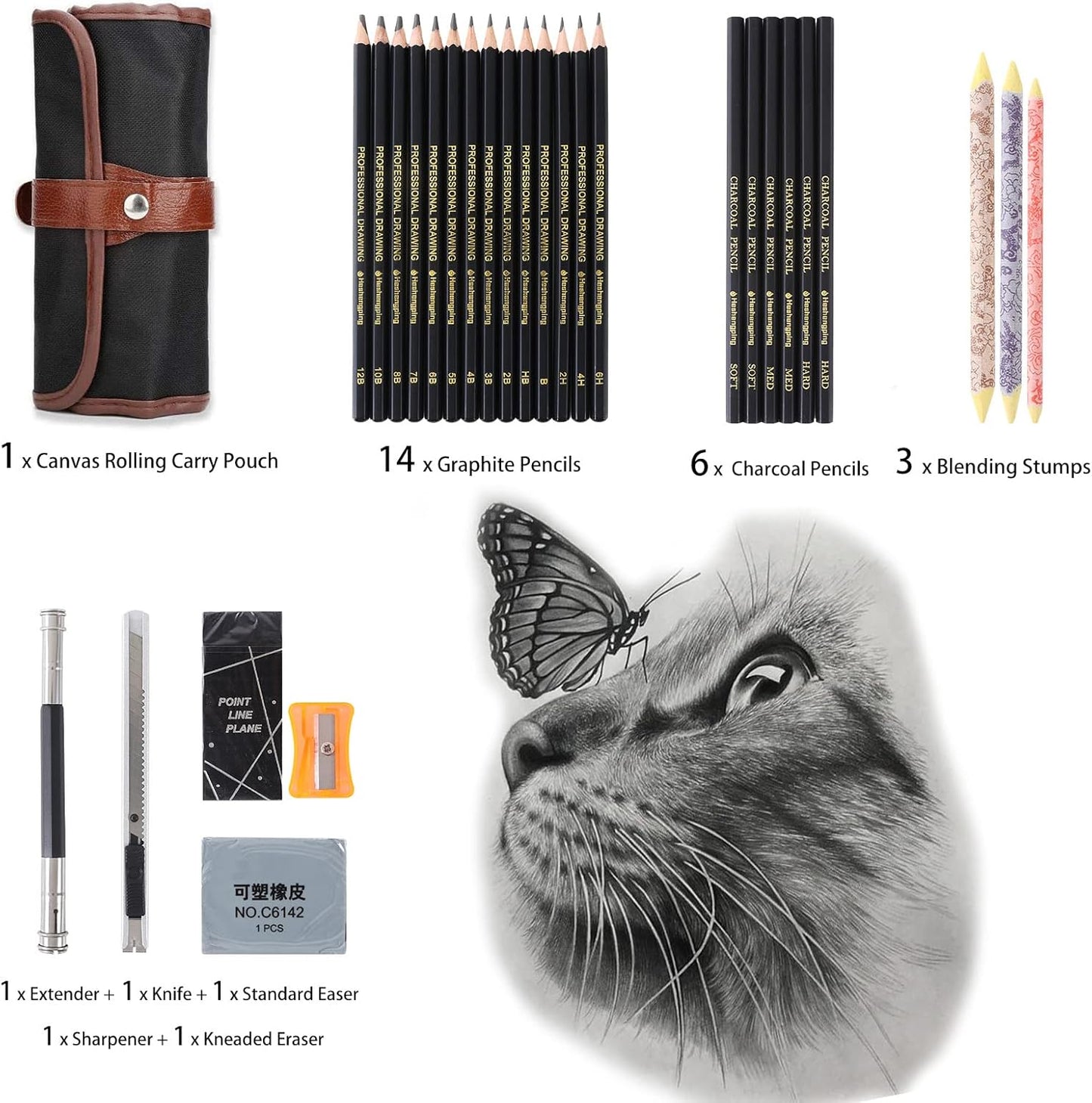 Heshengping Drawing Pencils Sketch Pencil Art Supplies Set for Kids Adults beginners Professional Sketching Art Graphite Charcoal Blending Stump Pencils kit