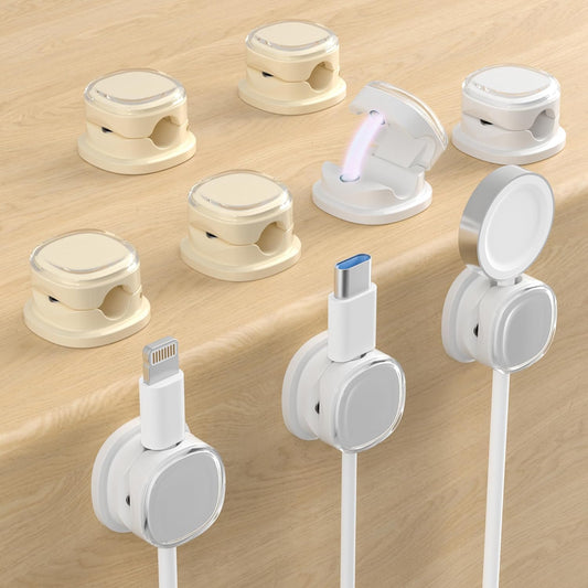 Magnetic Cable Clips, Adjustable Cord Holder Management, Adhesive Wire Keeper Organizer for Home Office Desk Phone PC Car Wall Desktop Nightstand Appliance (9-PCS White & Apricot)