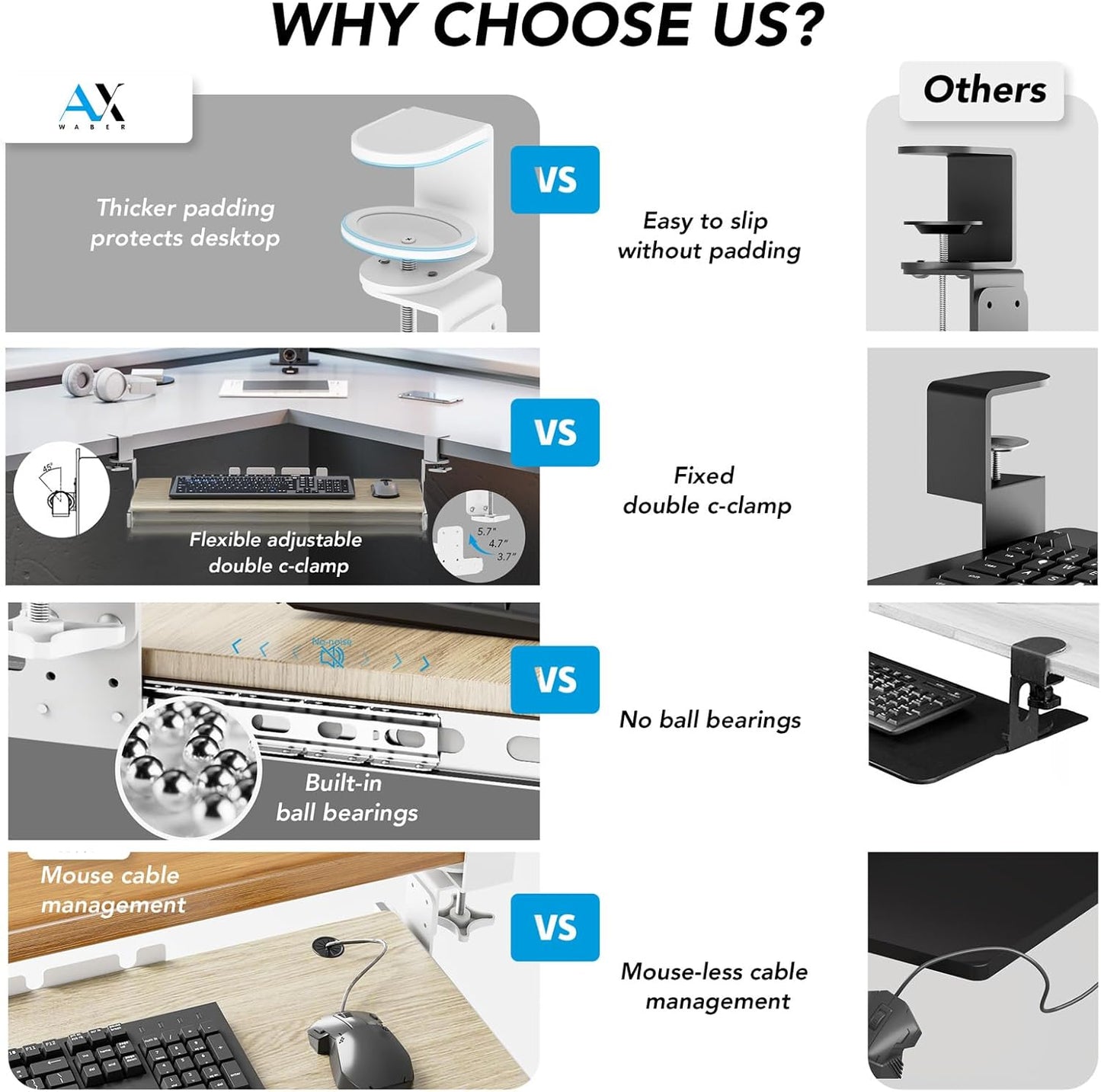 AX WABER Keyboard Tray Under Desk Pull Out with Extra Sturdy C Clamp Mount System, 27.3 (32.5 inch Including Clamps) x 11 Inch Slide-Out Platform Computer Drawer for Typing Grain AX01WG01