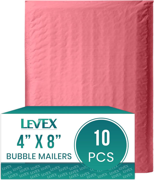 Levex - #000 4" x 8" [10 Pack] Pink Poly Bubble Mailers, Padded Envelope Mailers, Packing Envelope & Mailing Bags for Shipping