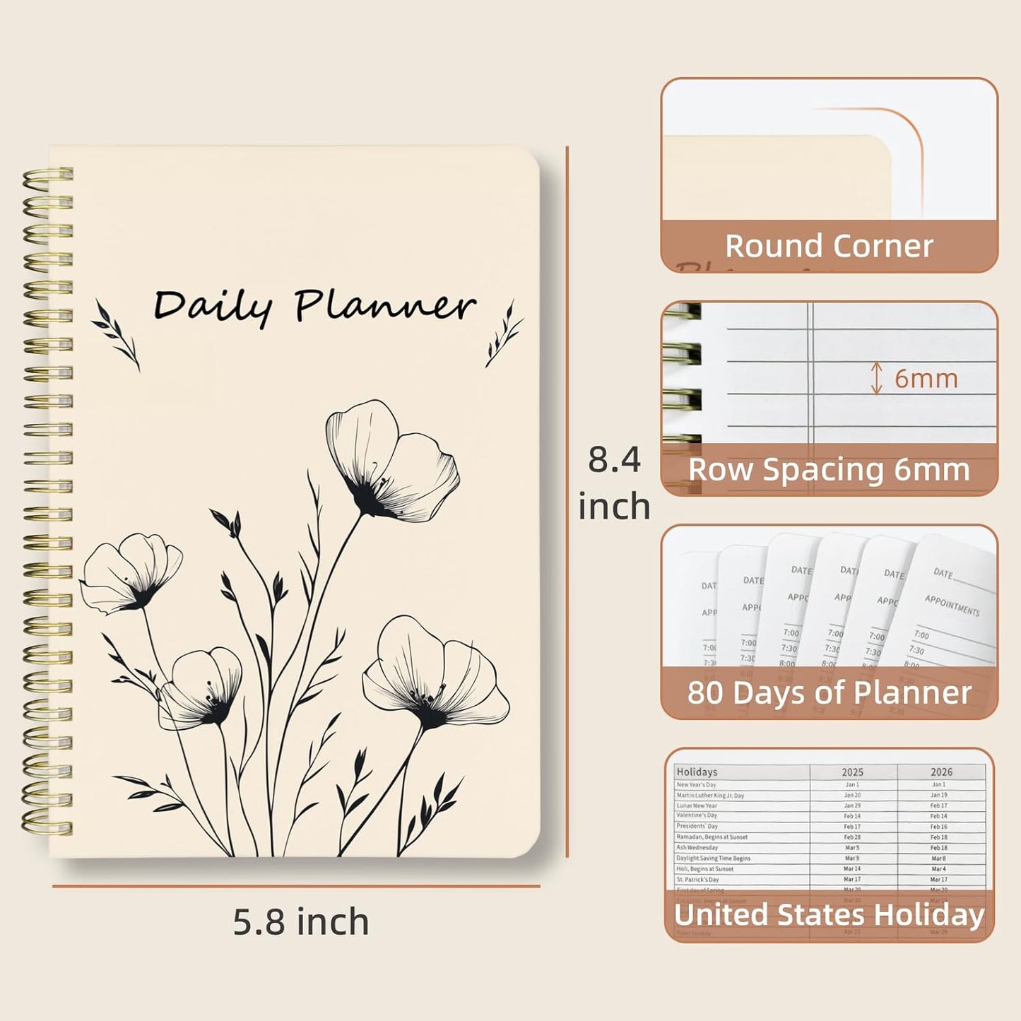 Stanoha Undated Daily Planner - Spiral Notebook 80 Days One Day Per Page, Hourly Schedule, To-Do List, Notes, Everyday Planning Task, A5 Hardcover Journal Organizer Book Women Cute, White Flower
