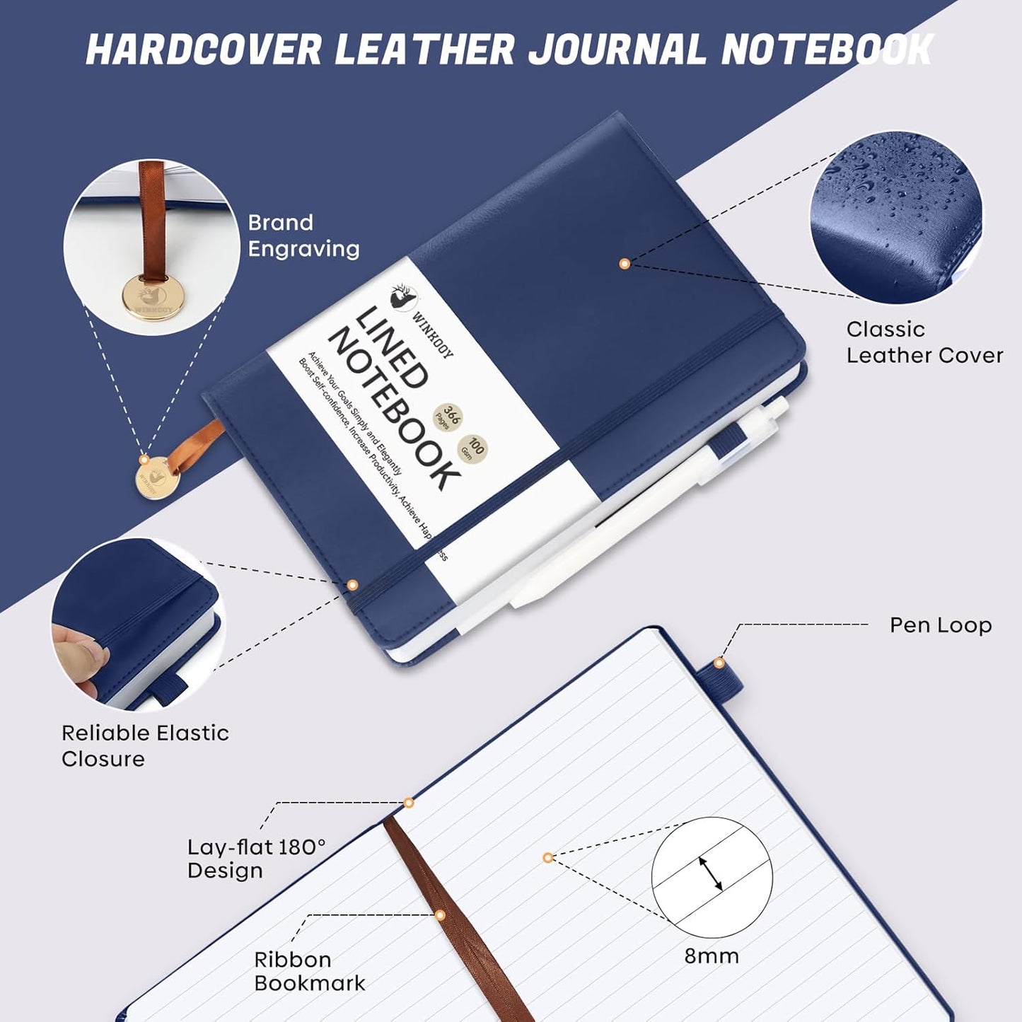 Lined Journal Notebook, 366 Pages, 100Gsm Leather Hardcover Journals for Writing Thick A5 College Ruled Classic Notebook with Pen Loop, Daily Journal for Women Men Travel Business Work Office