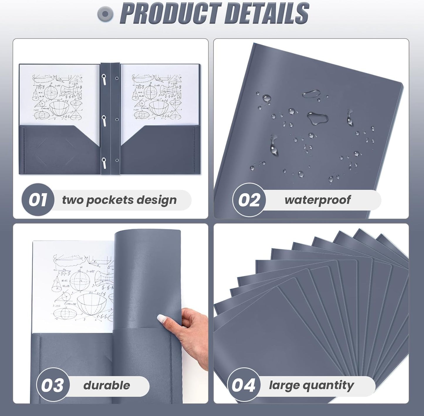 Lincia 100 Pcs Plastic Folders with Pockets and Prong Folders with Prongs Plastic Folders with 2 Pockets Pocket Folders for Office, School for Students, Teachers, Office Workers (Grey Blue)