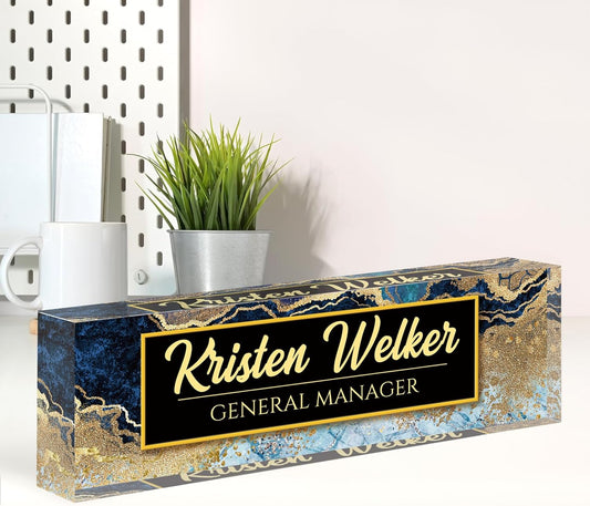 Name Plate for Desk, Desk Name Plate Personalized, Office Decor for Women Men, Acrylic Desktop Accessories, Office Appreciation Gifts for Boss Social Workers Nurse Teacher Employee (Blue/Gold)