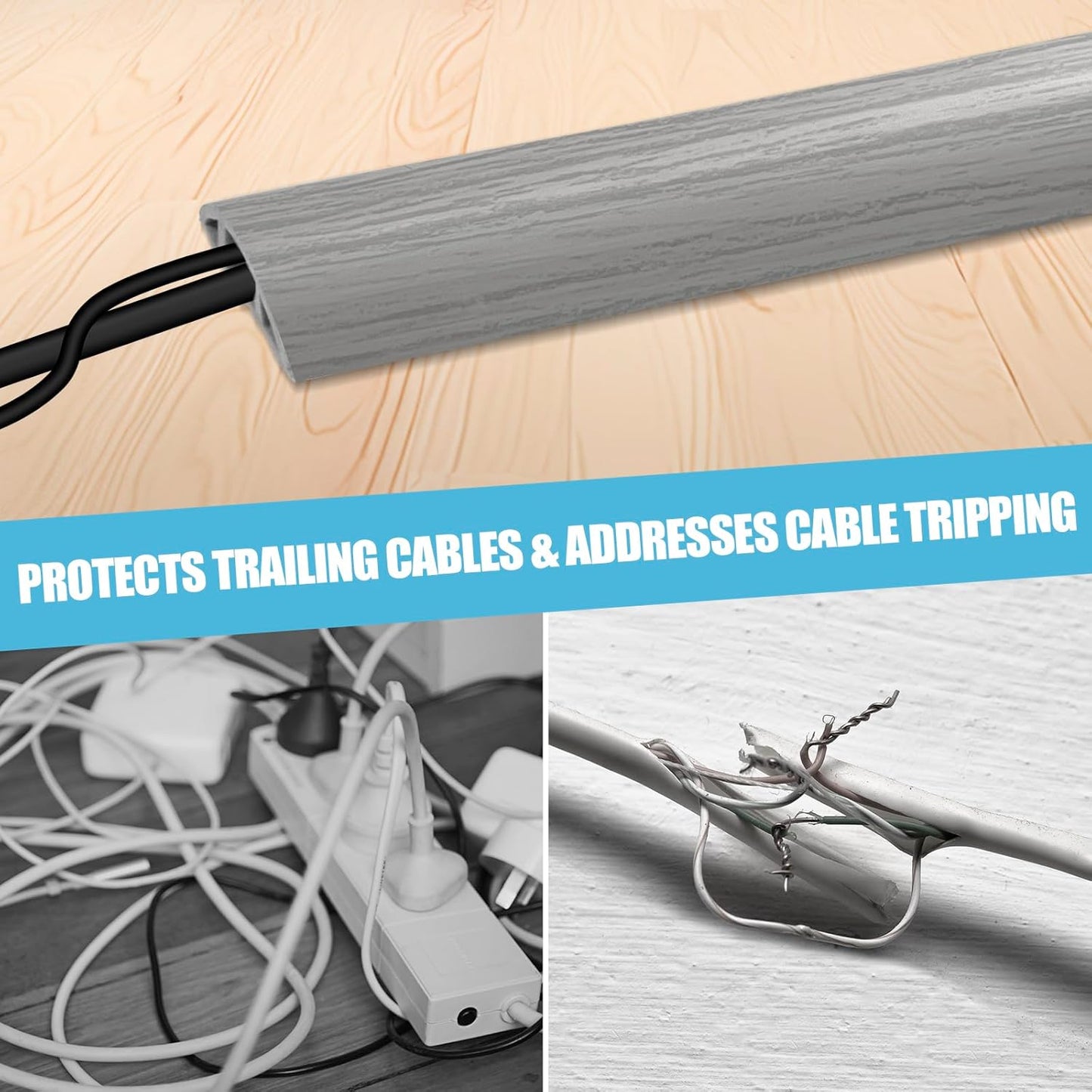 Floor Cord Cover Self Adhesive Cord Hider,3.3FT Cable Management, Extension Strip Protector for Wires, Prevent Cable Trips for Offices, Gyms, Exhibitions Cavity:0.39"(W) x 0.27"(H) Gray Wood
