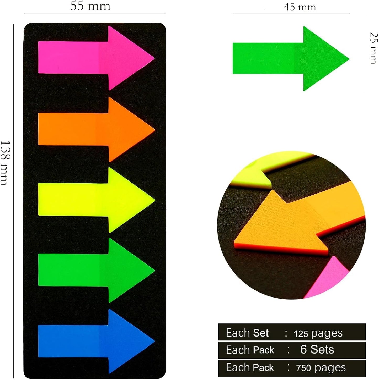 750 Pcs Large Arrow Sticky Page Markers Index Tabs,Repositionable,Writable Self Adhesive Tabs for Reading Books,Highlighting Information and Marking Document(5 Colors,6 Sets)