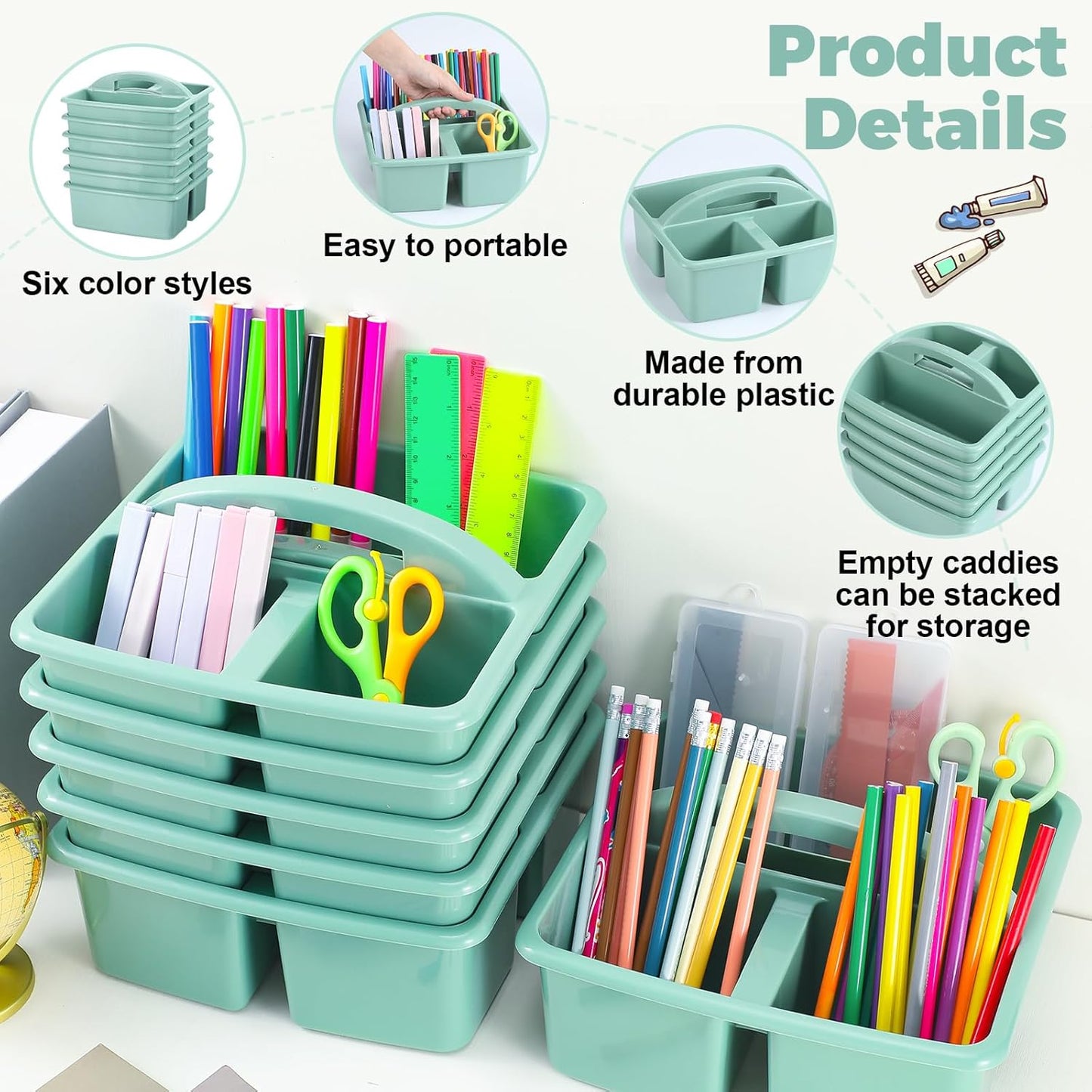 12 Pcs Classroom Caddy with 3 Compartment - Multipurpose Portable Plastic Storage Table Caddies with Handles for School Home Office Organizer(Green)