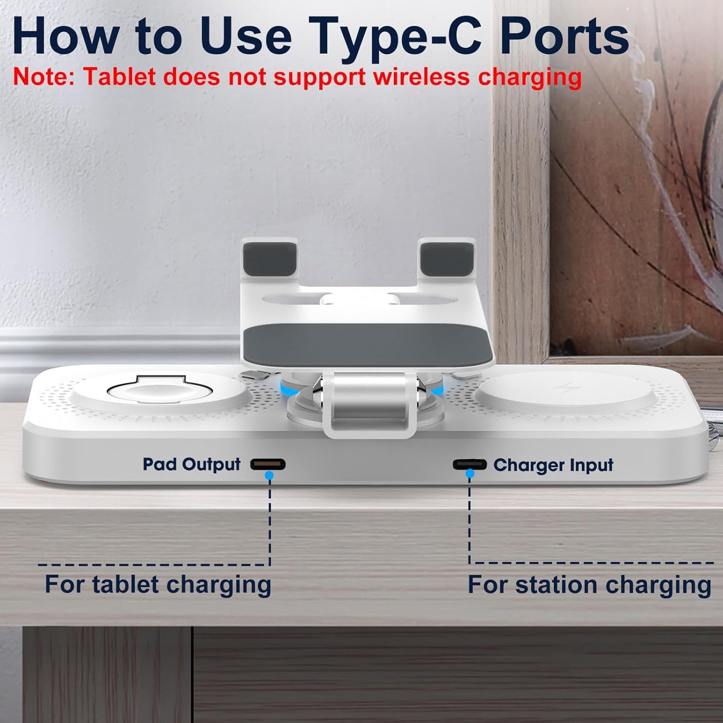 30W Charging Station for Apple Products, Foldable Wireless Charger with Clock Display&7 Color Light, Wired Charging for iPad/Tablet Charging Station for iPhone17, for Apple Watch10 for AirPods4(White