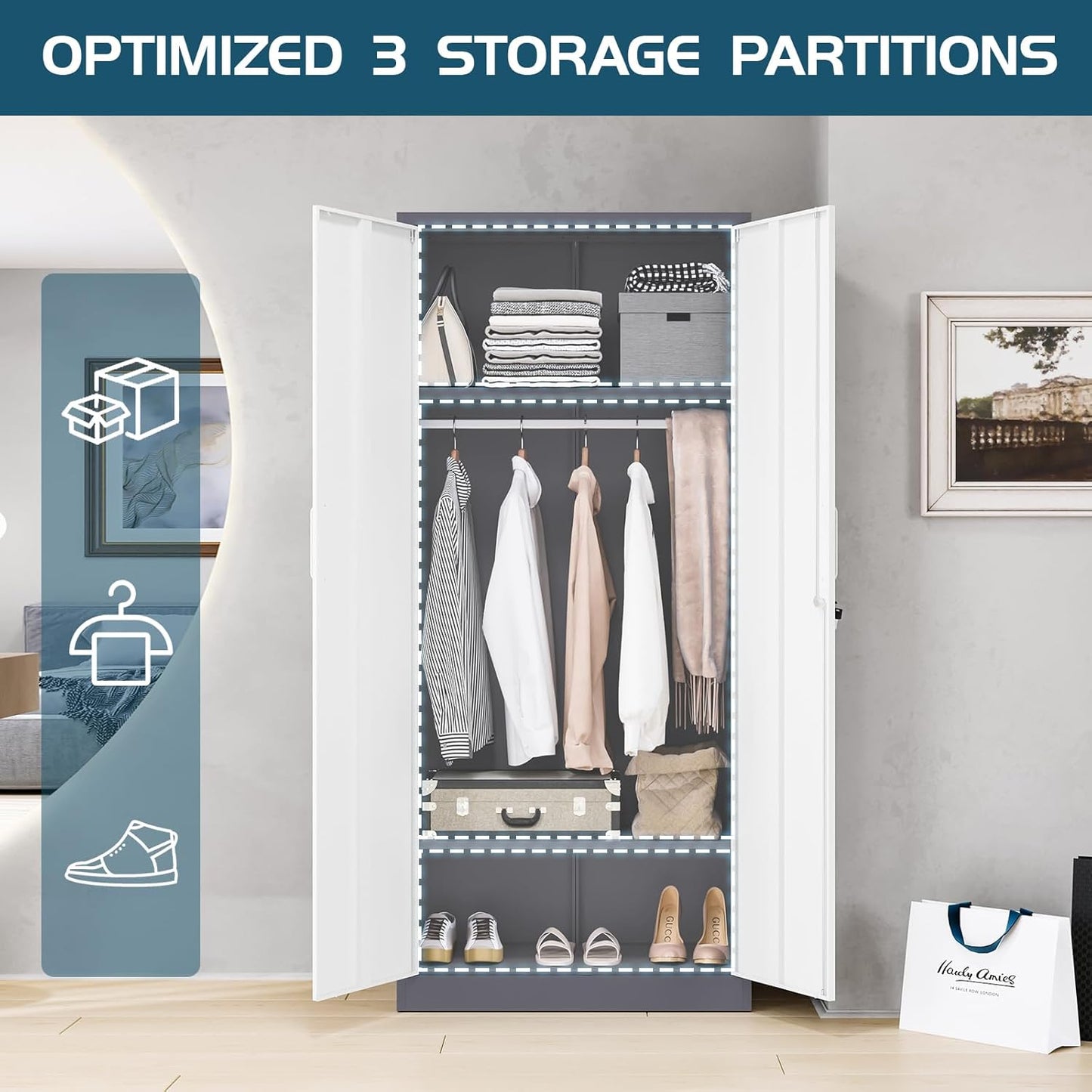 MIIIKO Wardrobe Closet with 2 Doors, 72" Metal Wardrobe Cabinet with Hanging Rod for Bedroom Laundry Room and Office, Clothes Storage Organizer Cabinets with Locking Door and Shelf