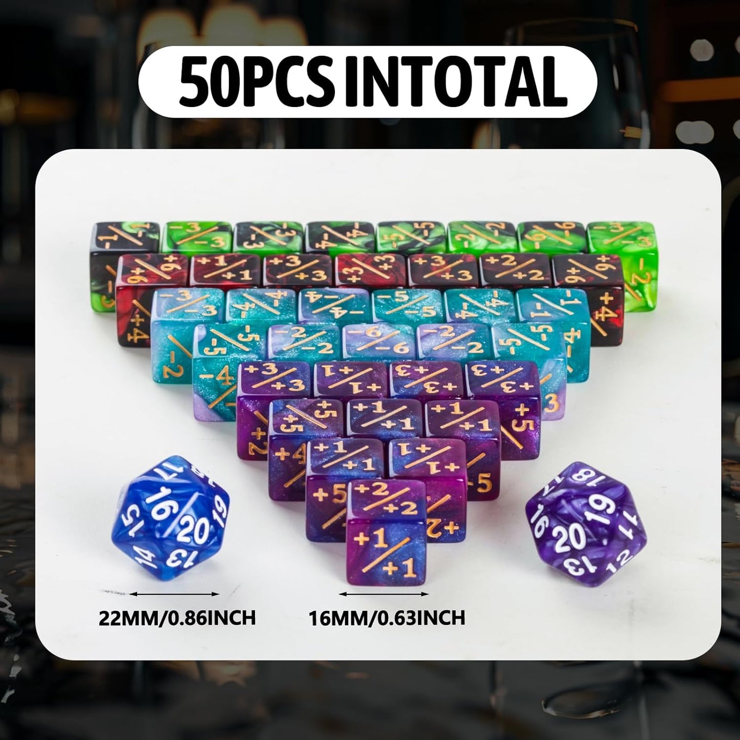 50 MTG Counters Dice Marble Bulk Spindown Life Counter Tokens Dice Buff Tokens Compatible with Magic Card Game Accessories CCG Creature Stats (Red&Green, Purple&Blue)