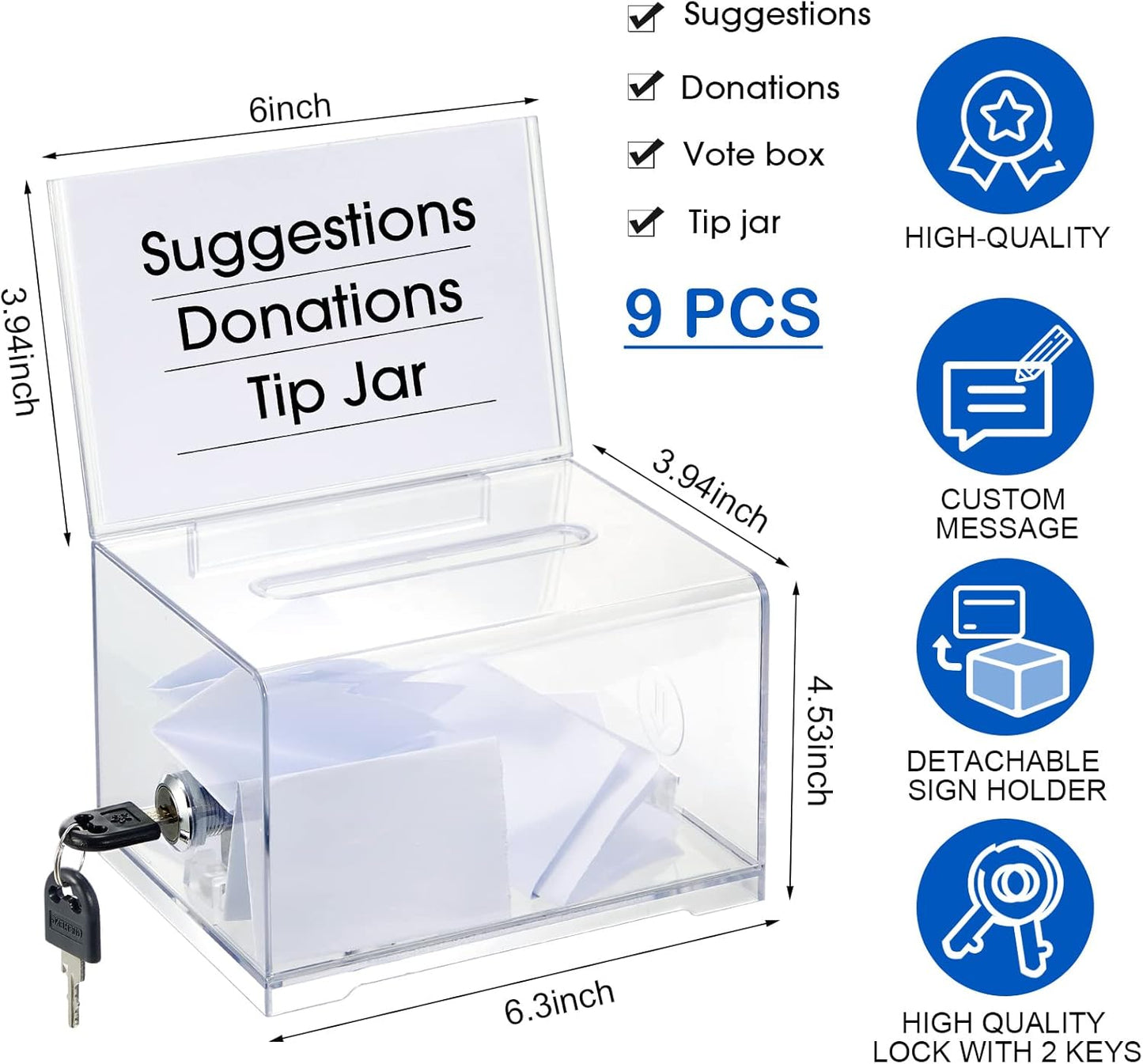 Kigley 9 Pack Acrylic Donation Box with Lock and Sign Clear Ballot Suggestion Donation Box with Slot for Fundraising Raffle Business Card Storage Container Voting Tip Jar