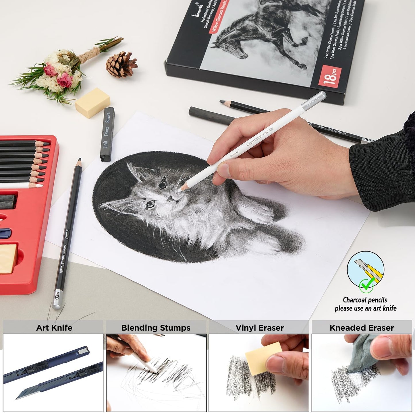 Charcoal Pencils for Drawing, 18 Pcs Art Pencil Kit, Professional Sketching Pencil, Art Supplies for Drawing, Shading, Sketching, Blending, Artist Pencils for Beginners & Artists