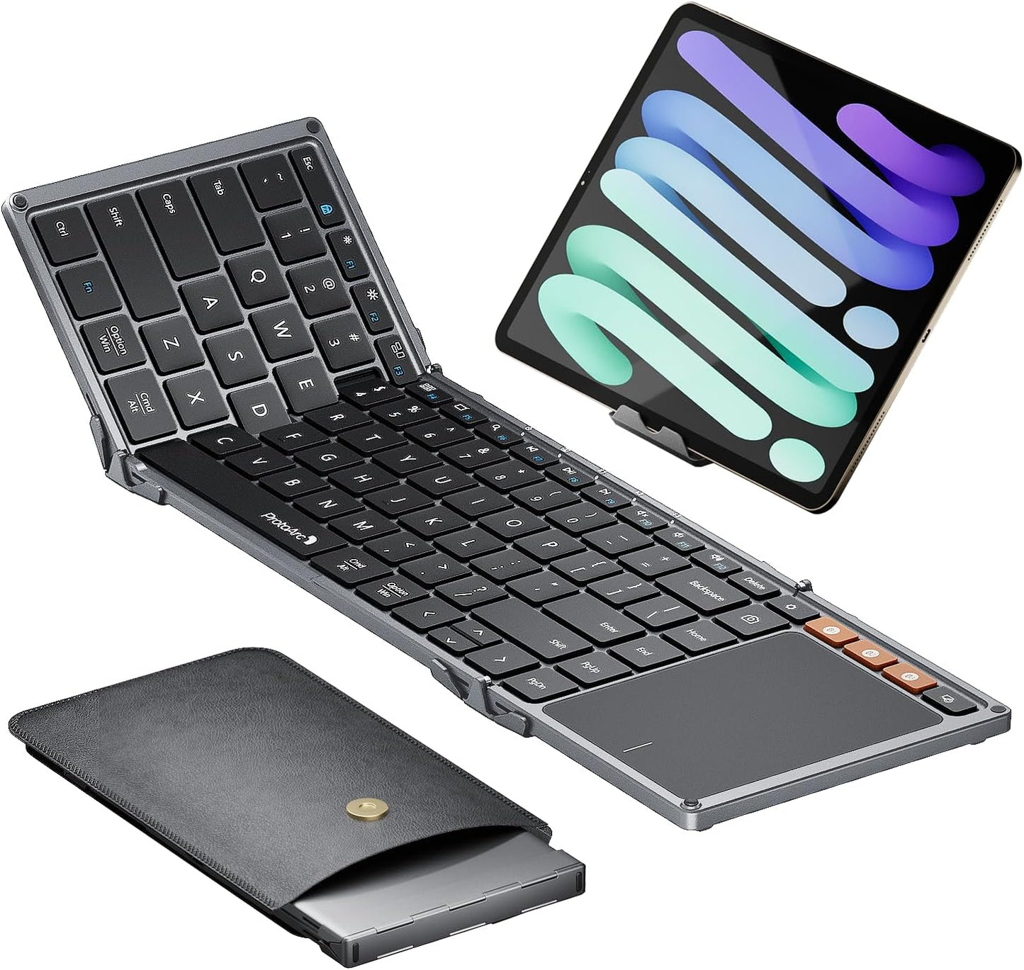 ProtoArc Foldable Keyboard with Touchpad, XK01 TP Folding Portable Keyboard, Full Size Keys, Large Trackpad Bluetooth Travel Keyboards for iPad Laptop PC Tablets - Black Gray