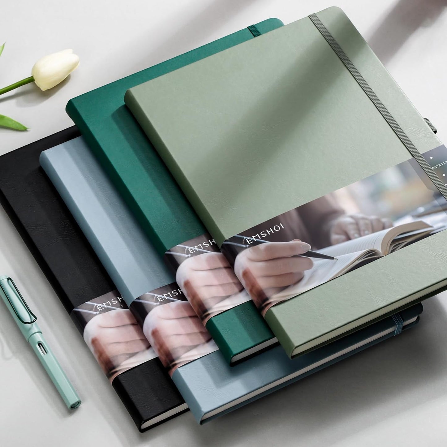 EMSHOI Hardcover Leather Lined Journal, 8.5" x 11" A4 College Ruled Notebook for Women & Men – 192 Pages, 100 GSM Thick Paper, Professional Work Journal with Sticky Notes, Gray-Blue