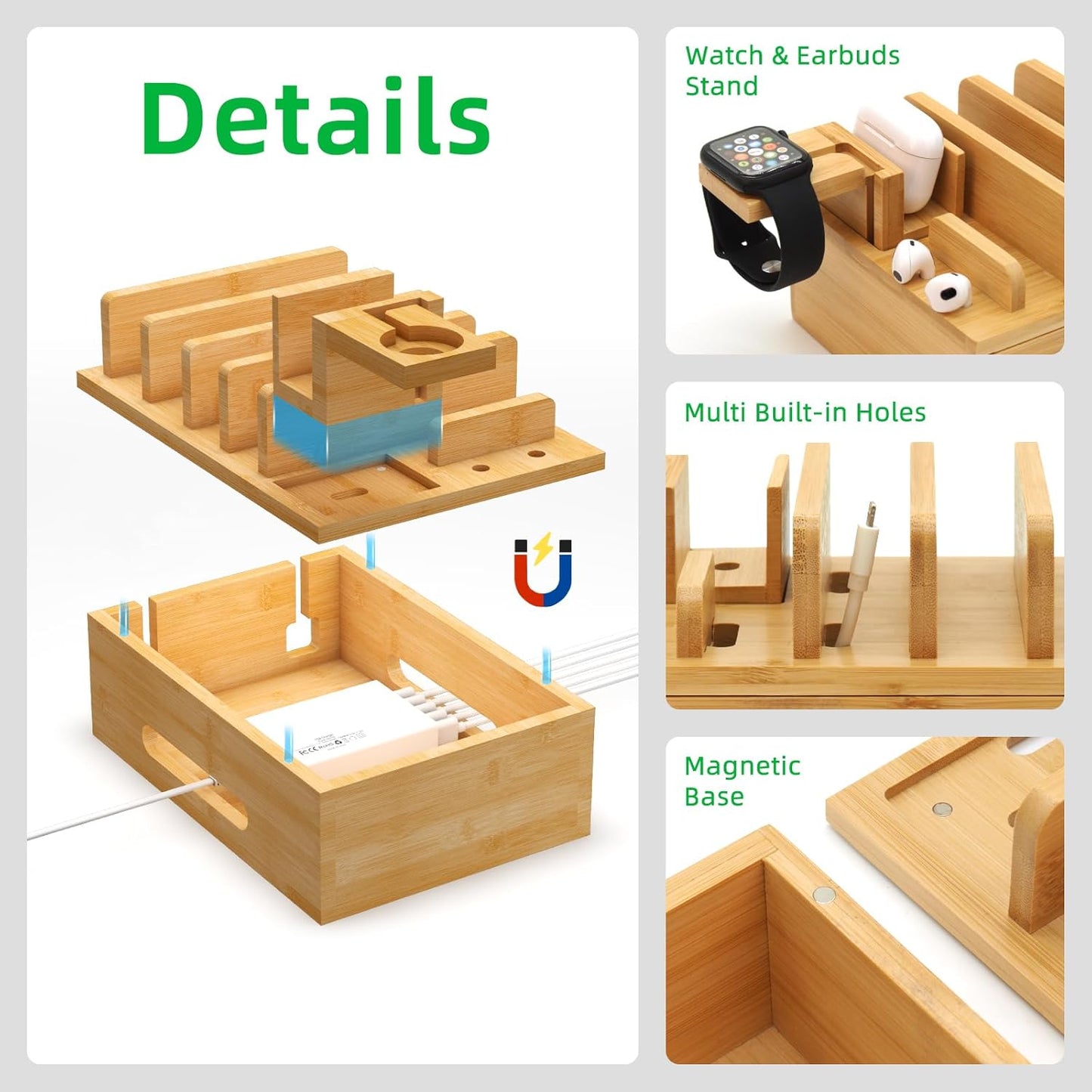 Bamboo Charging Station for Multiple Devices, Desk Wood Docking Station for Phones, Tablets, Watch, Earbuds, Charger Organizer Included 6 Cables & 5-Port USB Charger