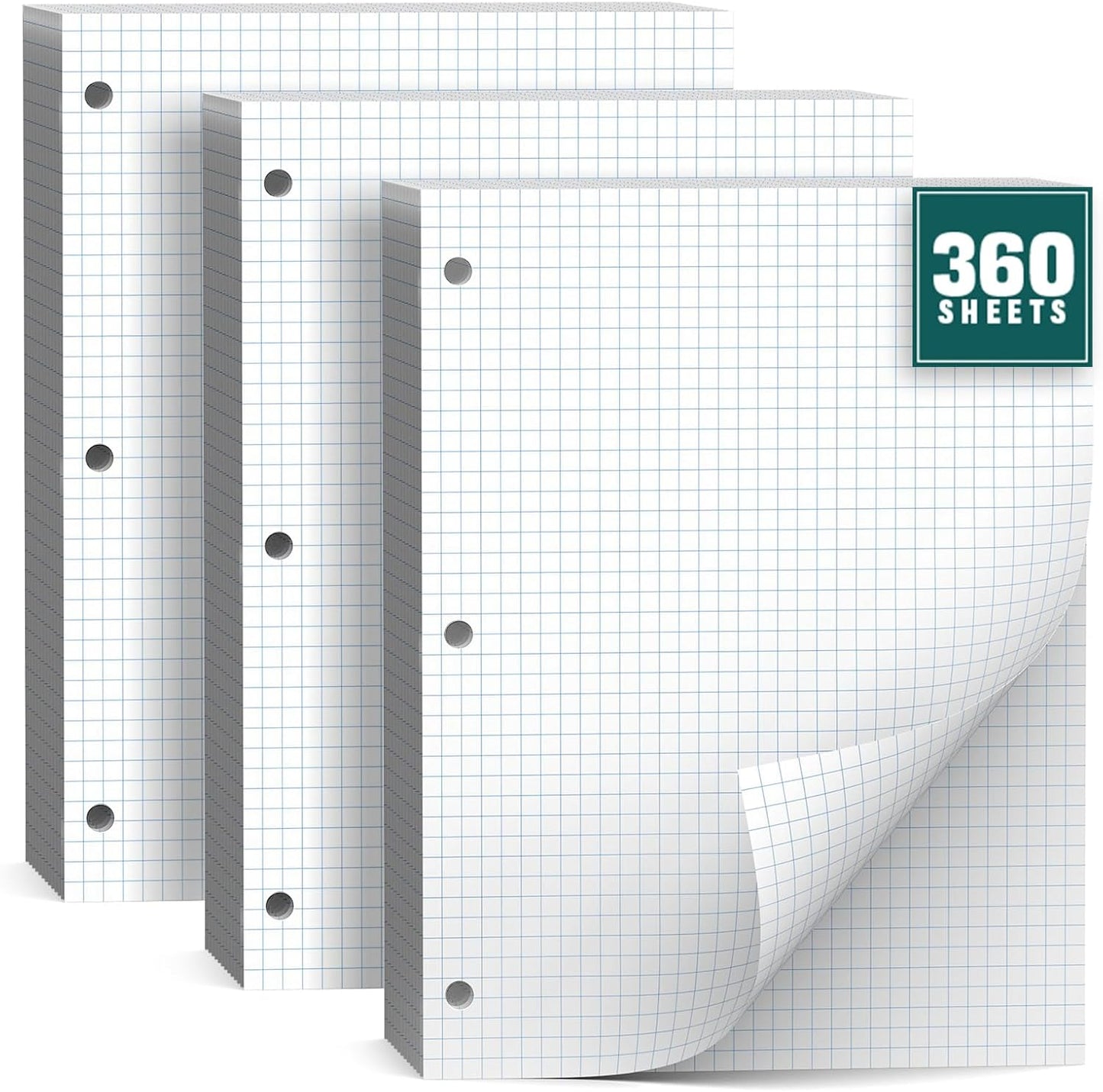 360 Sheets Quad Ruled Graph Paper, 3 Hole Punch Paper 8 x 10.5 White, Loose Leaf Graph Paper,Filler Paper 4 x 4 Graph Rule, Notebook Paper for 3 Ring Binder, Engineering Paper for School Home Business