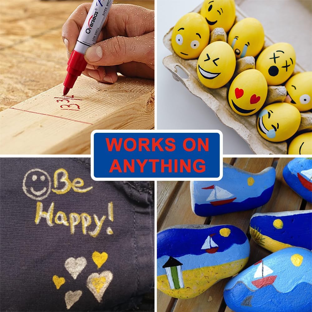 Overseas Paint Pens Paint Markers, 6 Colors Oil Based Permanent Markers, Medium Tip, Quick Dry and Waterproof Assorted Color Marker Pen for Metal, Wood, Plastic, Rock, Canvas, Glass, Rubber