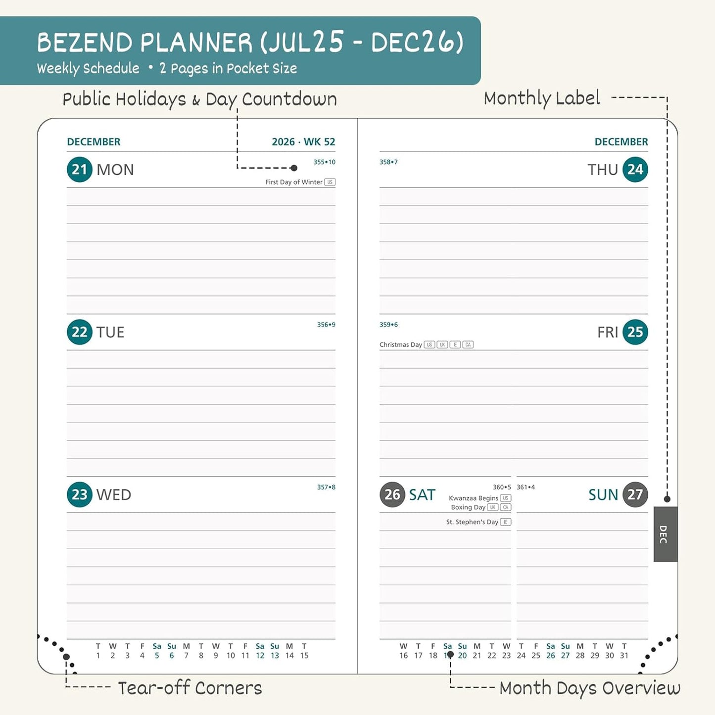 BEZEND Pocket Planner 2025-2026 Weekly and Monthly, 3.5" x 6" Academic Planner (Jul 25-Dec 26) 18-Month Mid-Year Calendar Book, Storage Pocket, Pen Holder, PU Leather Hardcover - Dark Green
