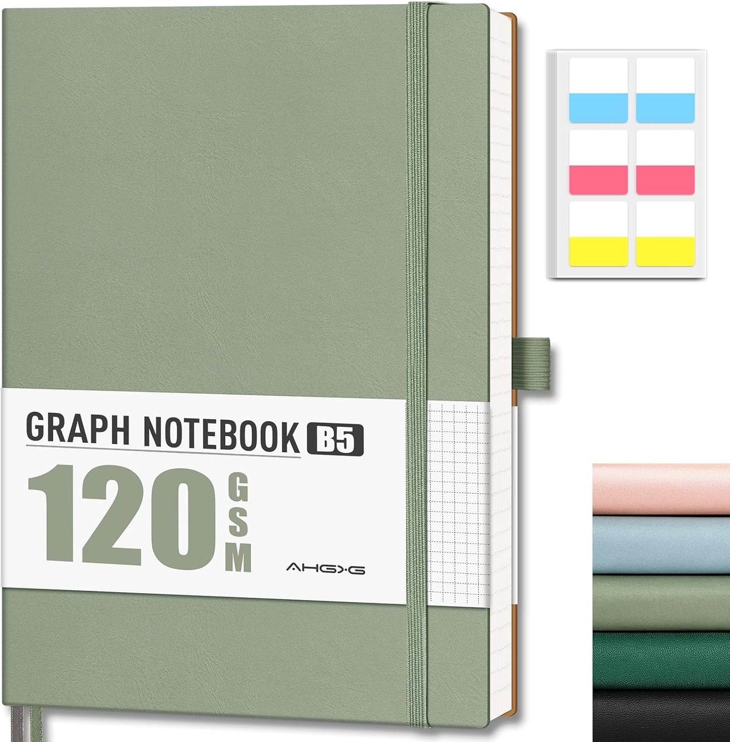 AHGXG Graph Paper Notebook - Grid Notebook Journal, 120 GSM Thick Graph Paper, Large B5 Notebook 96 Pages, Leather Softcover, for Graphing, Writing, Math, Engineering, 7.6'' X 10'' - Sage Green