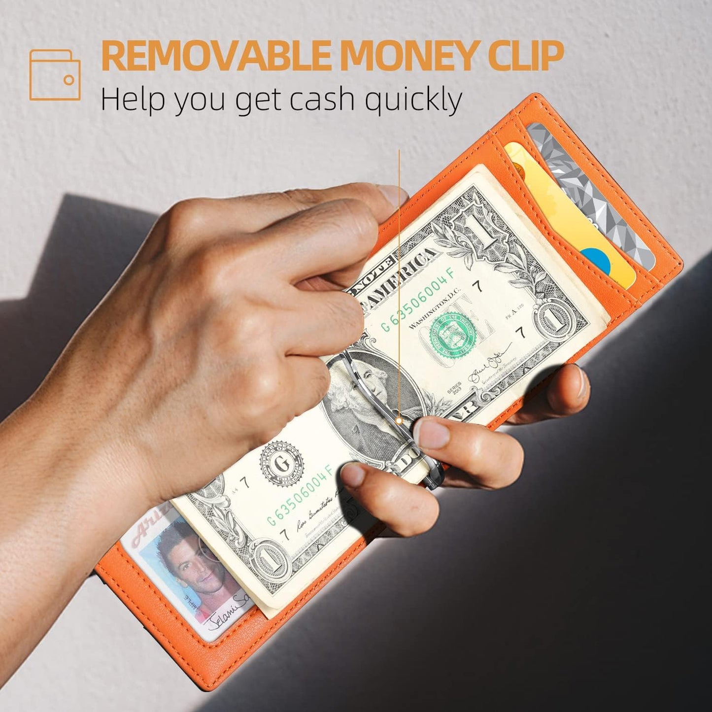 RUNBOX Slim Wallets for Men with RFID Blocking & Minimalist Mens Front Pocket Wallet Leather Black&inner Orange