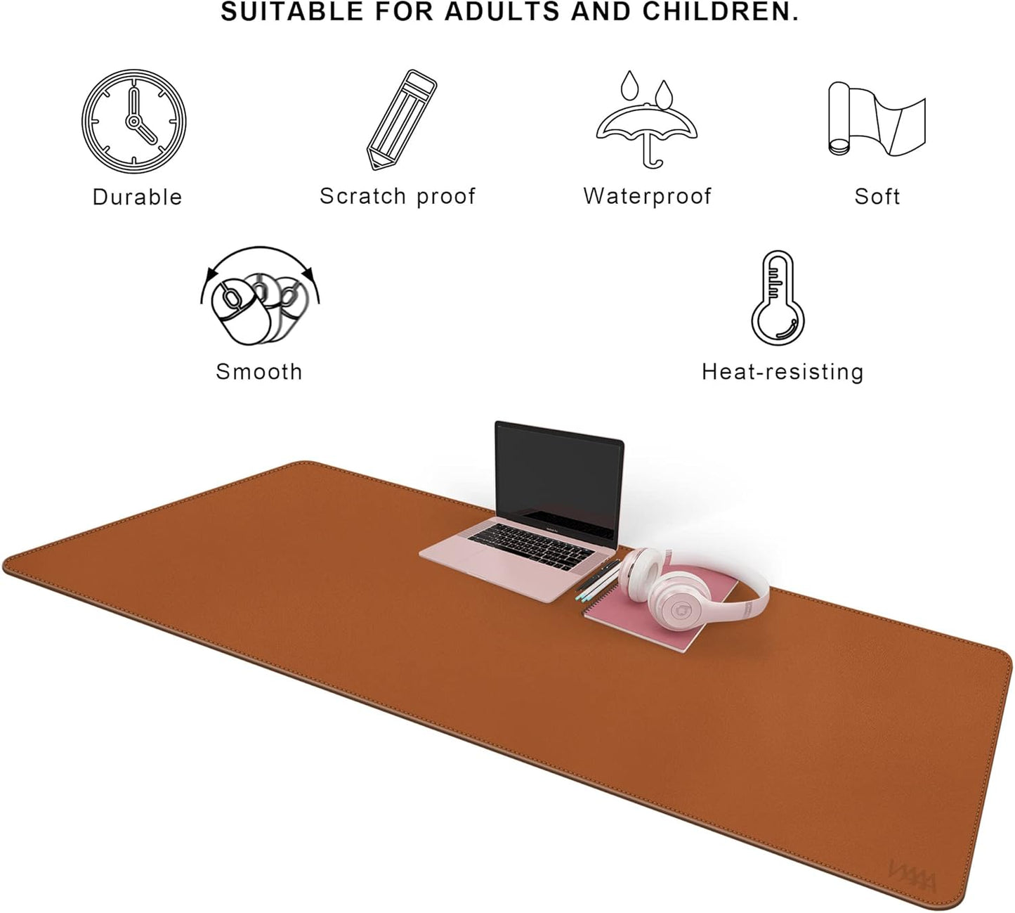 Vyaaa Desk Mat on top of Desks, 63" x 24" PU Leather Desk Mat, Large Desk Blotter Pad for Office, Home, Gaming, Computer, Laptop, Keyboard and Mouse - Light Brown