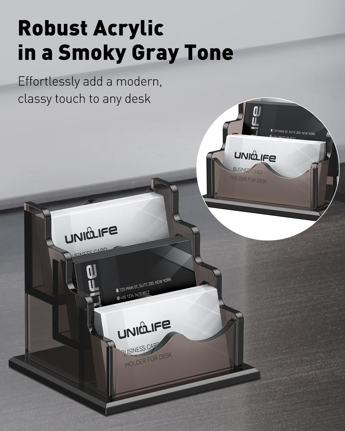 Uniclife Acrylic Business Card Holder for Desk 3 Slots Horizontal Business Card Display Stand for Men and Women Desktop Name Card Organizer Card Stand for Office Home, 180 Card Capacity, Black