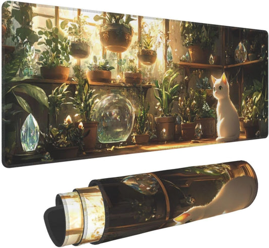 Cat Plant Mouse Pad 31.5 X 11.8 Inch Big Desk Rubber Base Stitched Edges Keyboard Pad XXL Mouse Mat for Home Game and Office