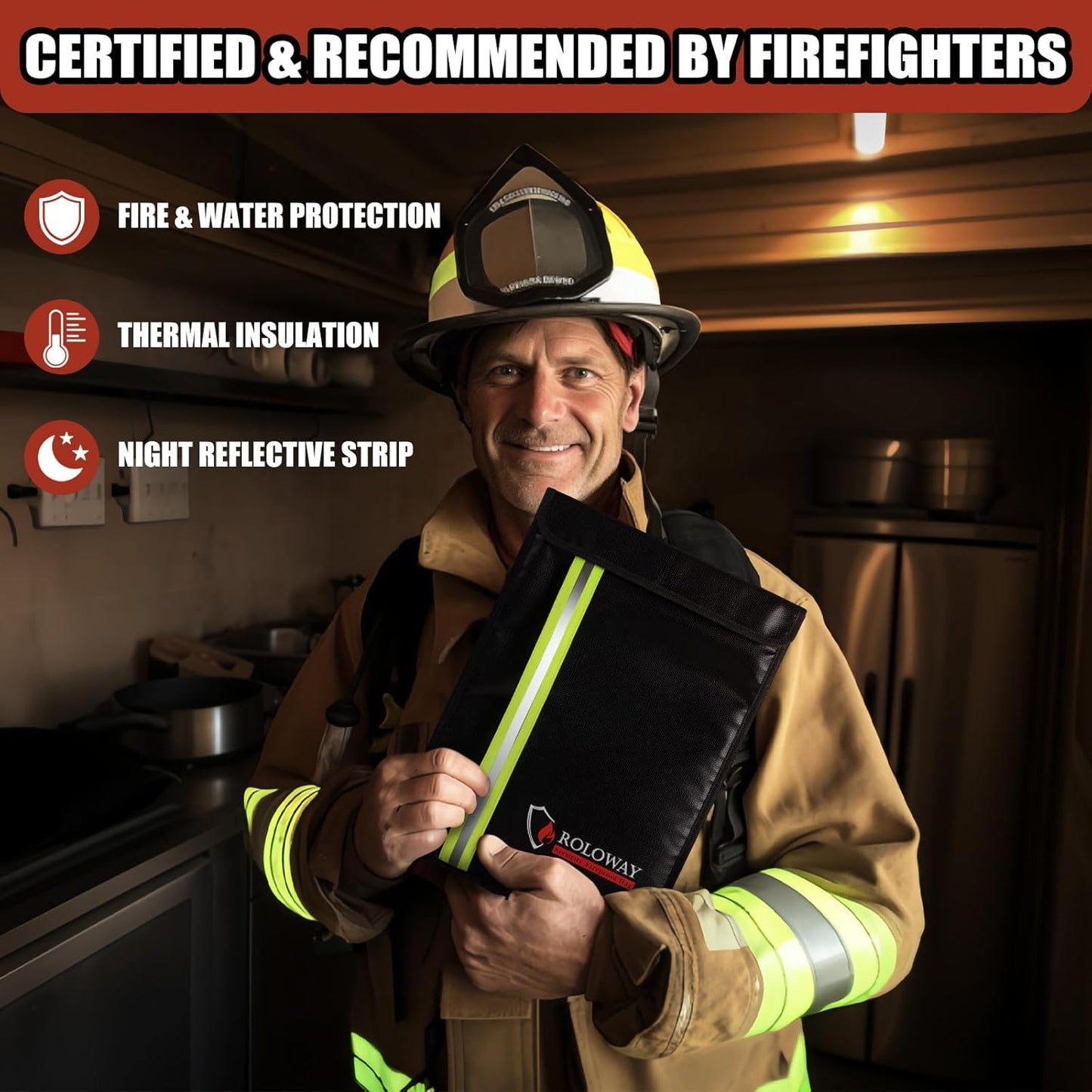 ROLOWAY Fireproof Document Bag (15.5 x 11.5 inch) with 2 Pockets and 5200℉ Aluminum Foil Layer, Fireproof Bag for Document Safe (Black)