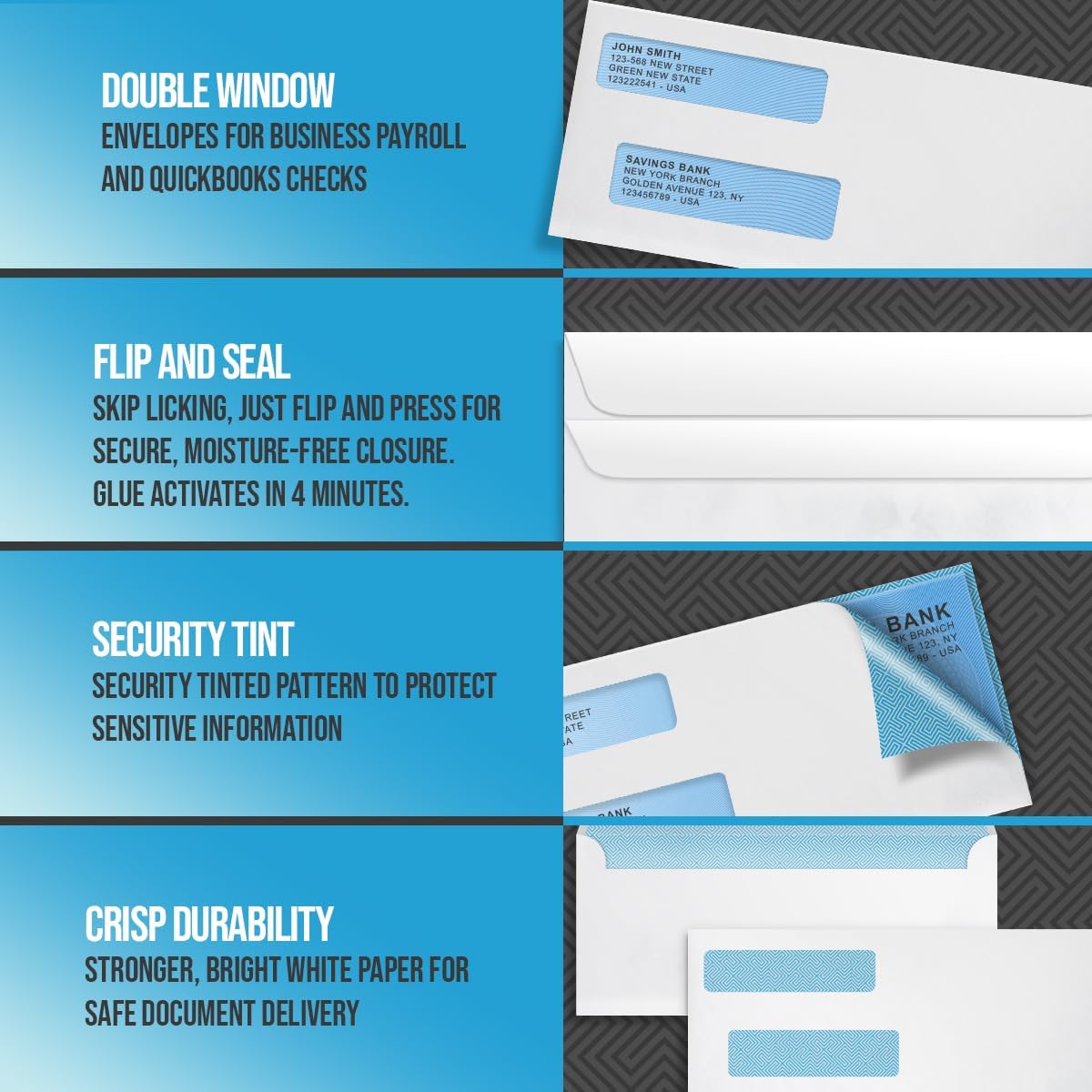 Compuchecks Double Window Envelopes #10- Flip and Seal Flap, Security Business Mailing Envelopes - Tamper Evident, Security Tint - 50 Count – For Invoices and Legal Documents