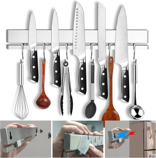 YIIYIIN 17" Premium 304 Stainless Steel Double-Sided Magnetic Knife Holder for Wall or Fridge -with Adhesive Strip, No Drill - 12 Hooks Included for Kitchen Utensils