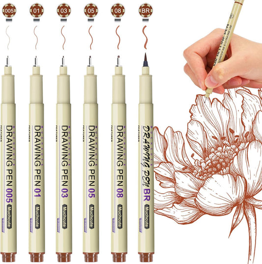 Muchcute Micro Fineliner Drawing Art Pens: 6 Sepia Fine Line Waterproof Ink Set Artist Supplies Brown Archival Inking Marker Liner Sketch Outline Manga Anime Gifts Sketching Watercolor Zentangle Stuff
