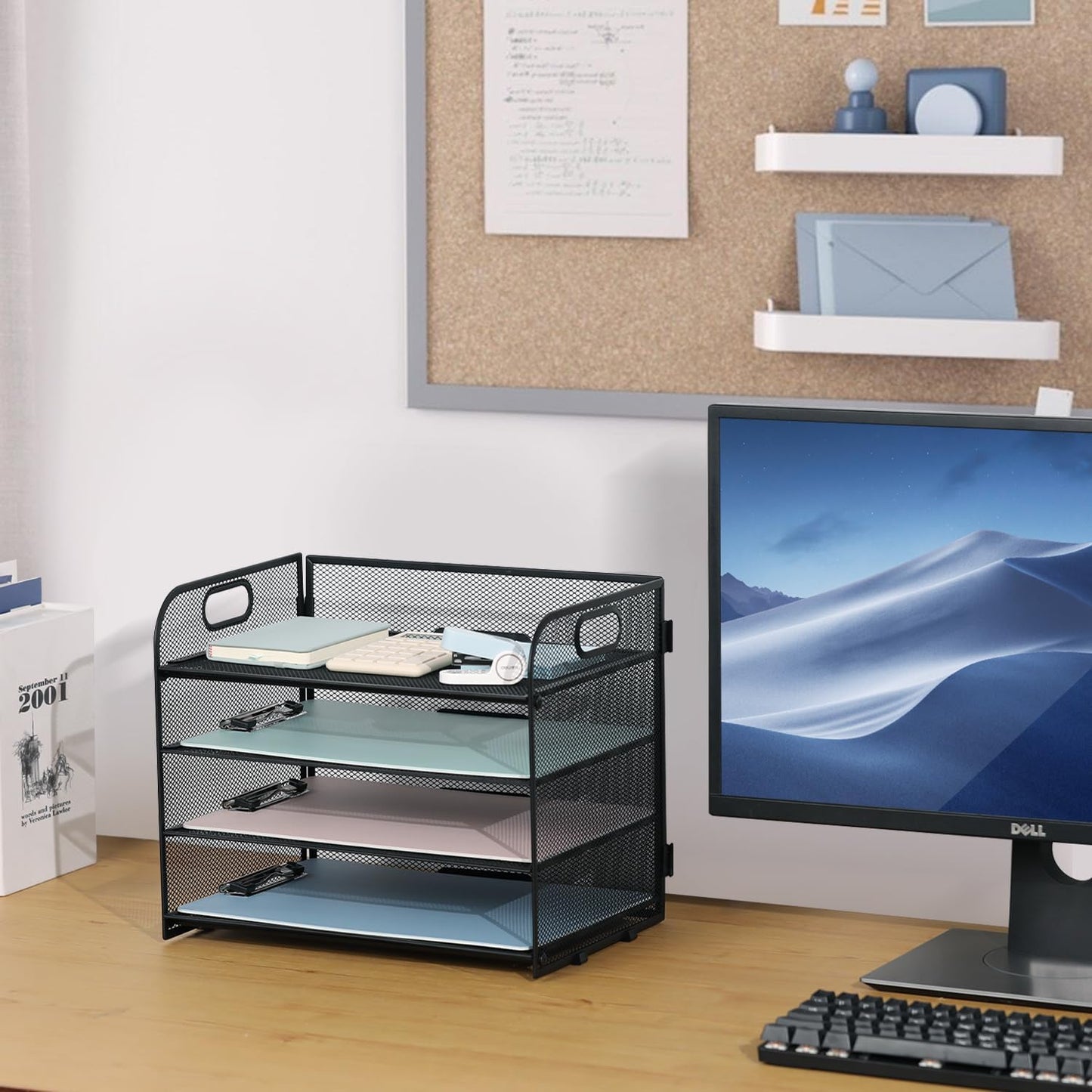 4-Tier Mesh Letter Tray Paper Organizer, Desk File Organizer with Handle - Black