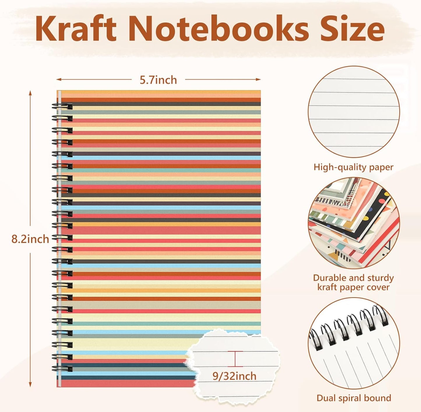 Fuutreo 12 Pcs Spiral Notebook for Work A5 8.3 x 5.7 Inch College Ruled Spiral Journal Notebook Kraft Cover Ruled Paper, 12 Color, 60 Sheets, 120 Pages for Office School(Retro Geometry)