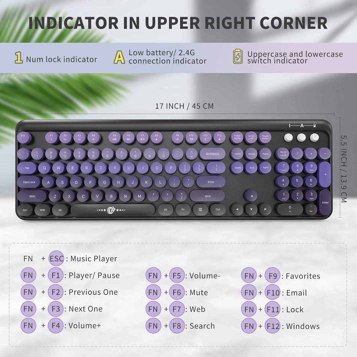 Wireless Keyboard and Mouse Combo, 2.4 GHz Wireless Full-Sized Typewriter Keyboard with Round Keycaps for Windows, Computer, Desktop, PC, Laptop (BlackPurple)