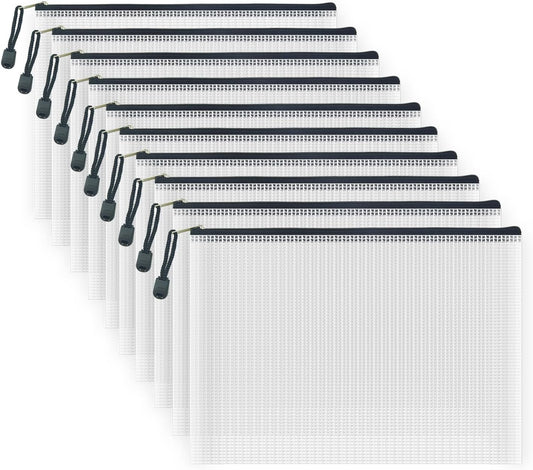 AUSTARK 10 Pcs Zipper File Bags, Waterproof Plastic Mesh Pouch for Office School, Board Game Storage Bags (B5 Size 11.4''x8.2'', White and Black)
