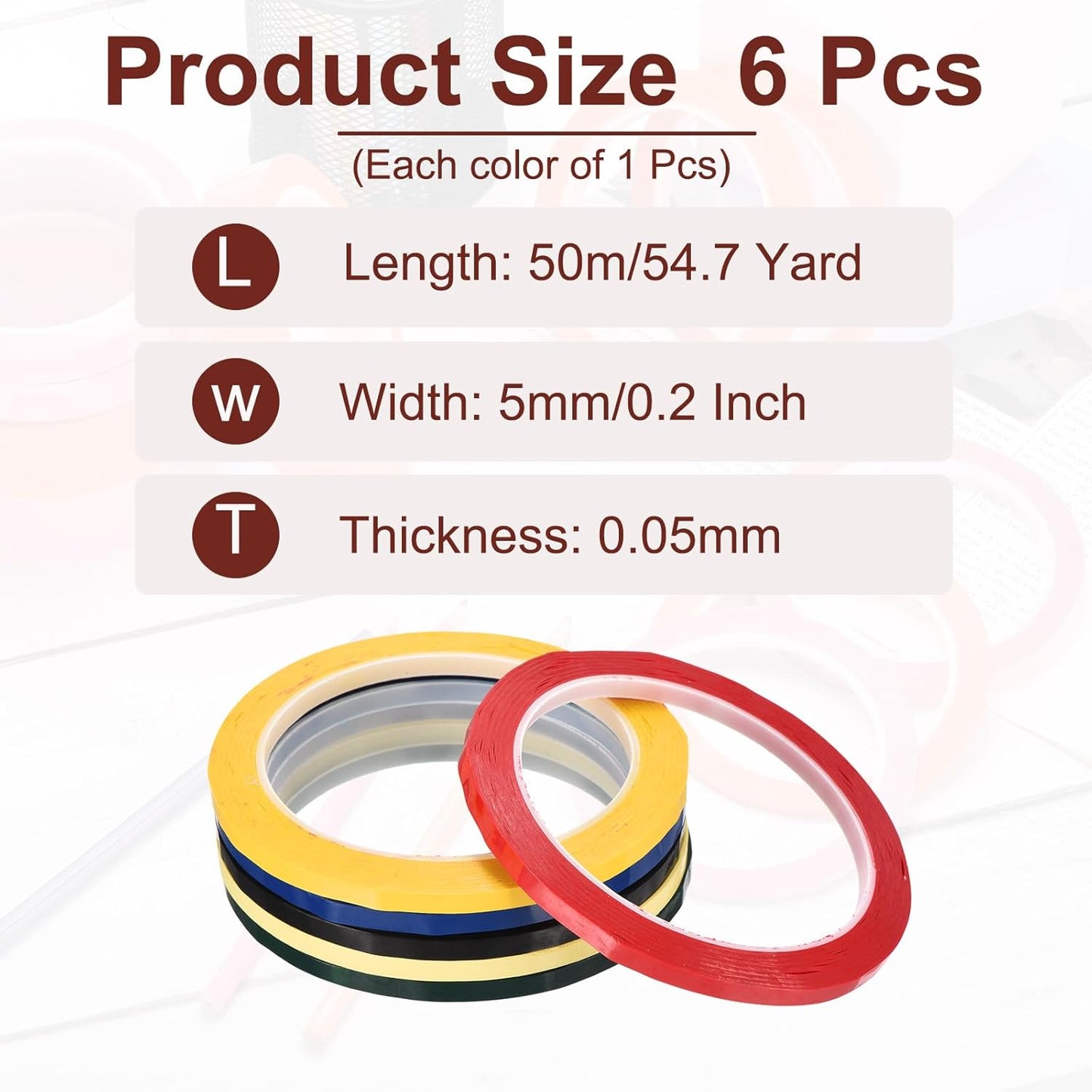 MECCANIXITY 6 Rolls Whiteboard Tape Graphic Chart Tape 5mm 54.7 Yard Art Tape Thin Pinstripe Tape Masking Tape for Gift Wrapping Craft Supplies, Red, Green, Blue, Yellow, Black, Light Yellow