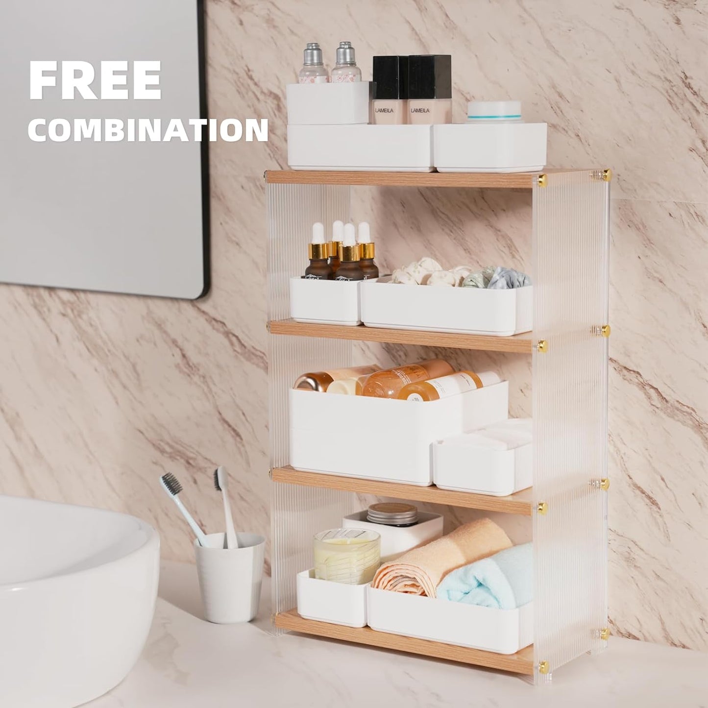 11-Piece Stackable Drawer Organizer Set, Multi-size Desk Drawer Organizer Trays Vanity Storage Bins for Storing Makeup, Stationery, Utensils in Bathroom Dresser, Office and Kitchen