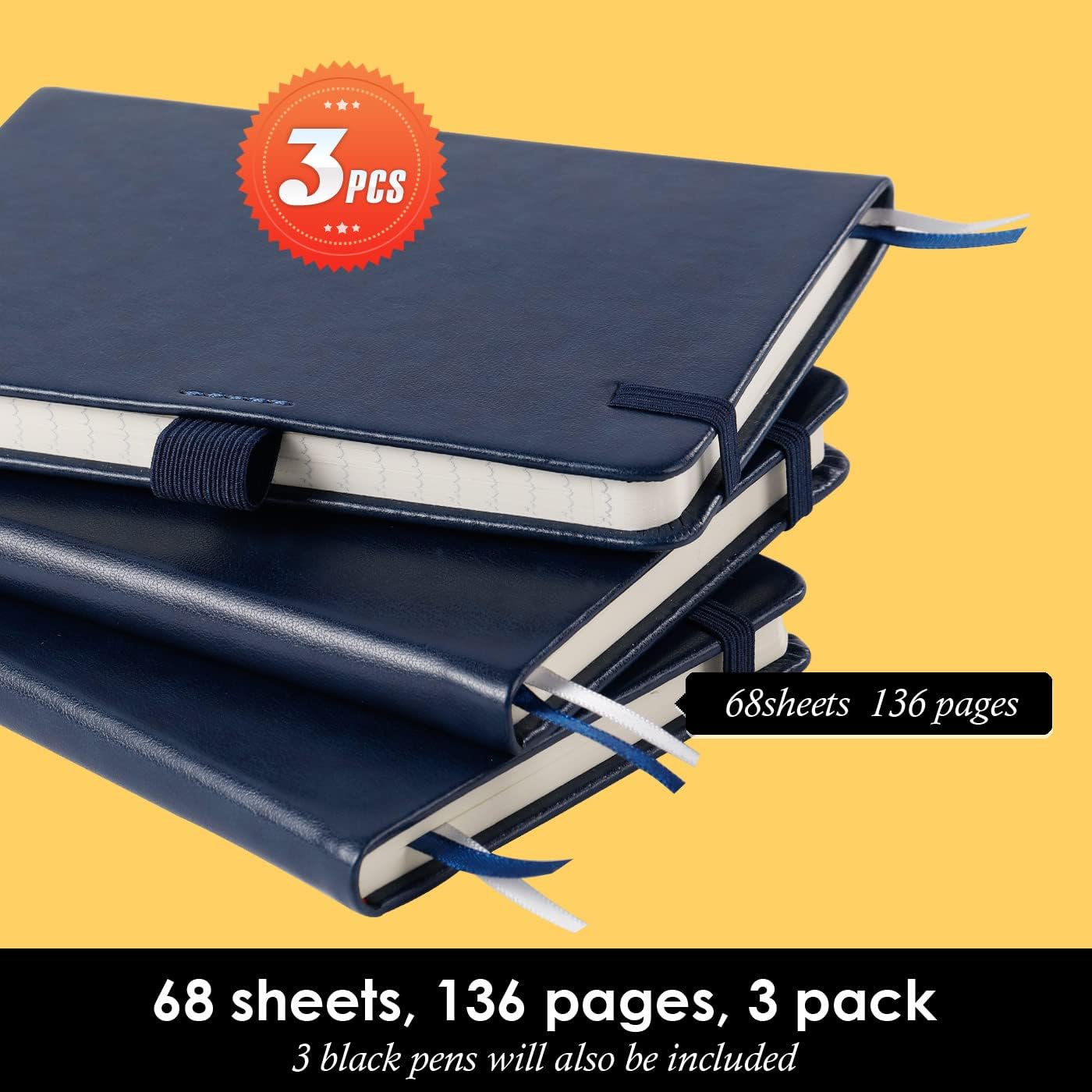 Pocket Notebook Journals, 3 Pack Mini Small Notebooks for Work, Leather Cover Notepad with 3 pens, Elastic Closure, Blue