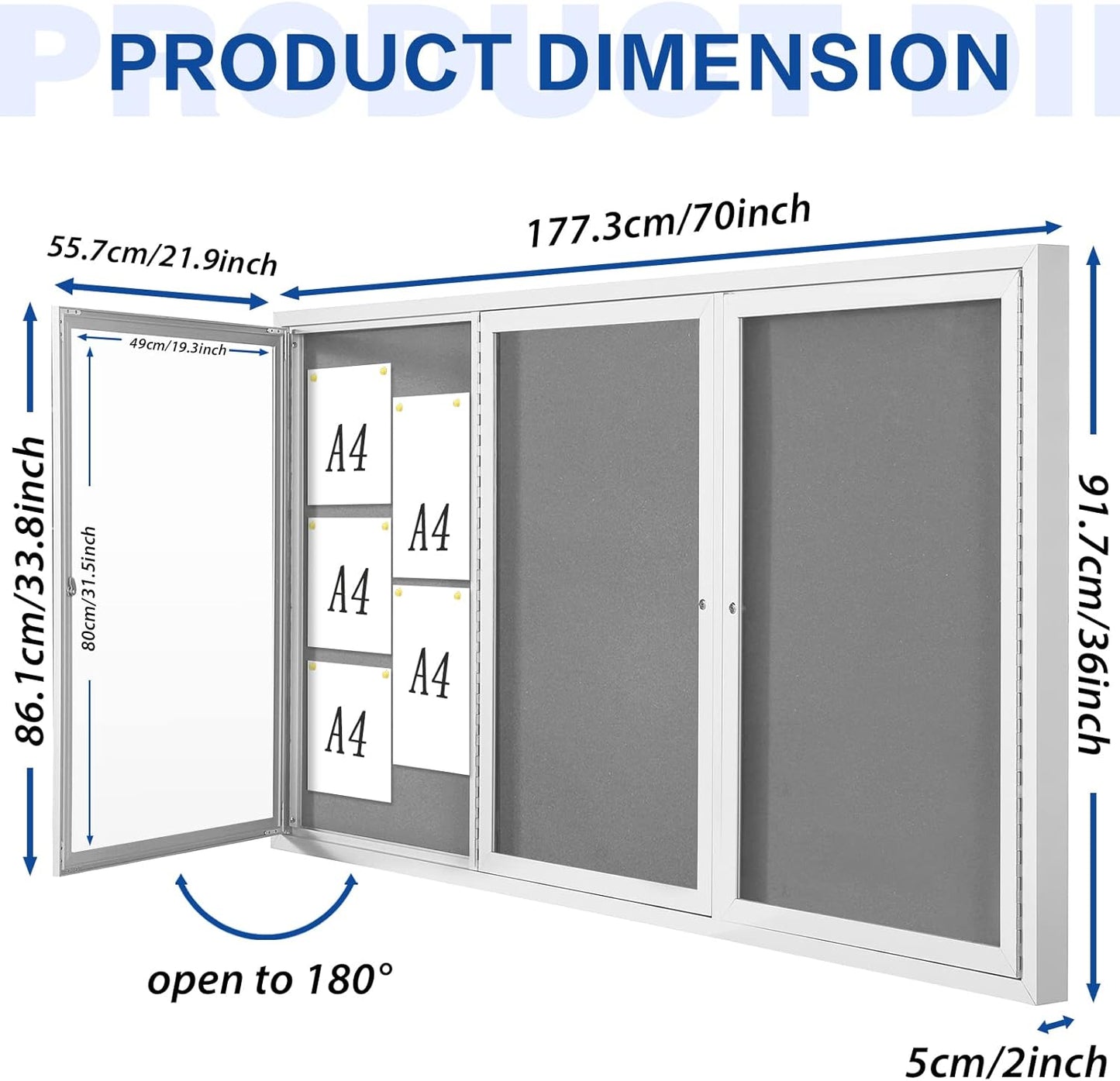 SWANCROWN Weather Resistant Enclosed Bulletin Board Gray Fabric Displays Boards Wall Mounted Notice Cabinet with Three Locking Doors, 70x36 inches