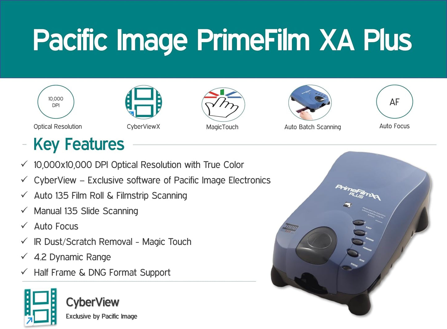 Pacific Image PrimeFilm XA Plus Film Scanner, Auto Roll Film and 35mm Film Strip Scanning, 10000 dpi/48-bit Output. 4.2 Dynamic Range, Support Mac/Windows