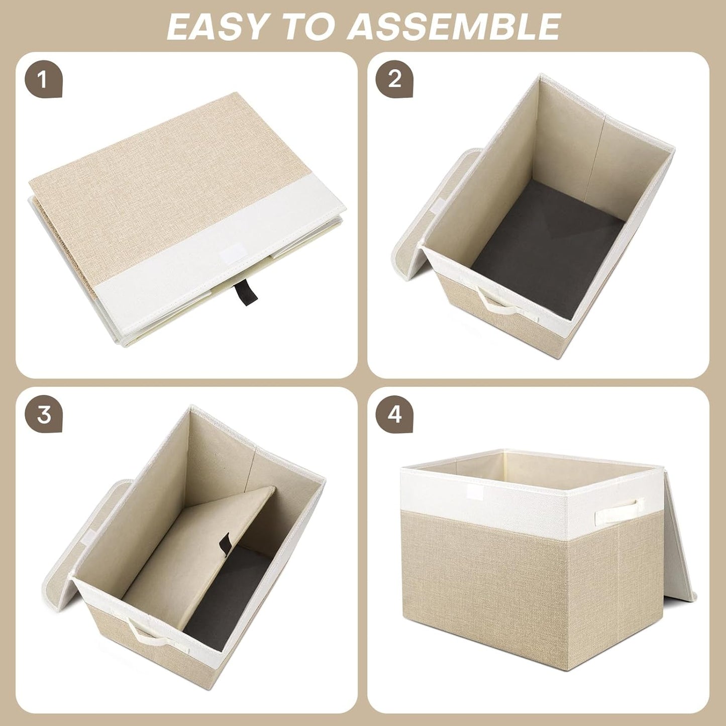 Large 17" 42 Quarts Collapsible Stackable Storage Bins with Lids [3-Pack] Foldable Fabric Linen Storage Boxes Cube, Closet Organizer Baskets with Label (16.7 x 12 x 12", Beige & White)