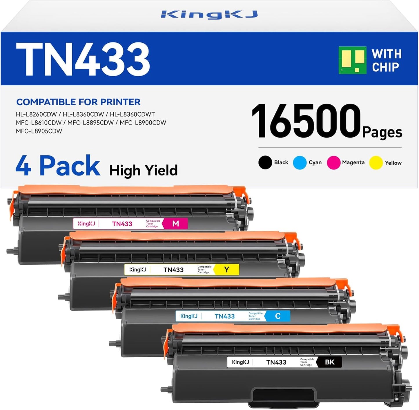 TN433 Toner Cartridge 4-Pack Replacement Compatible for Brother TN-433 TN431 TN436 MFC-L8900CDW MFC-L8690CDW HL-L8360CDW HL-L8260CDW MFC-L8610CDW MFC-L8905CDW MFC-L9570CDW HL-L8360CDWT Printer Set Ink