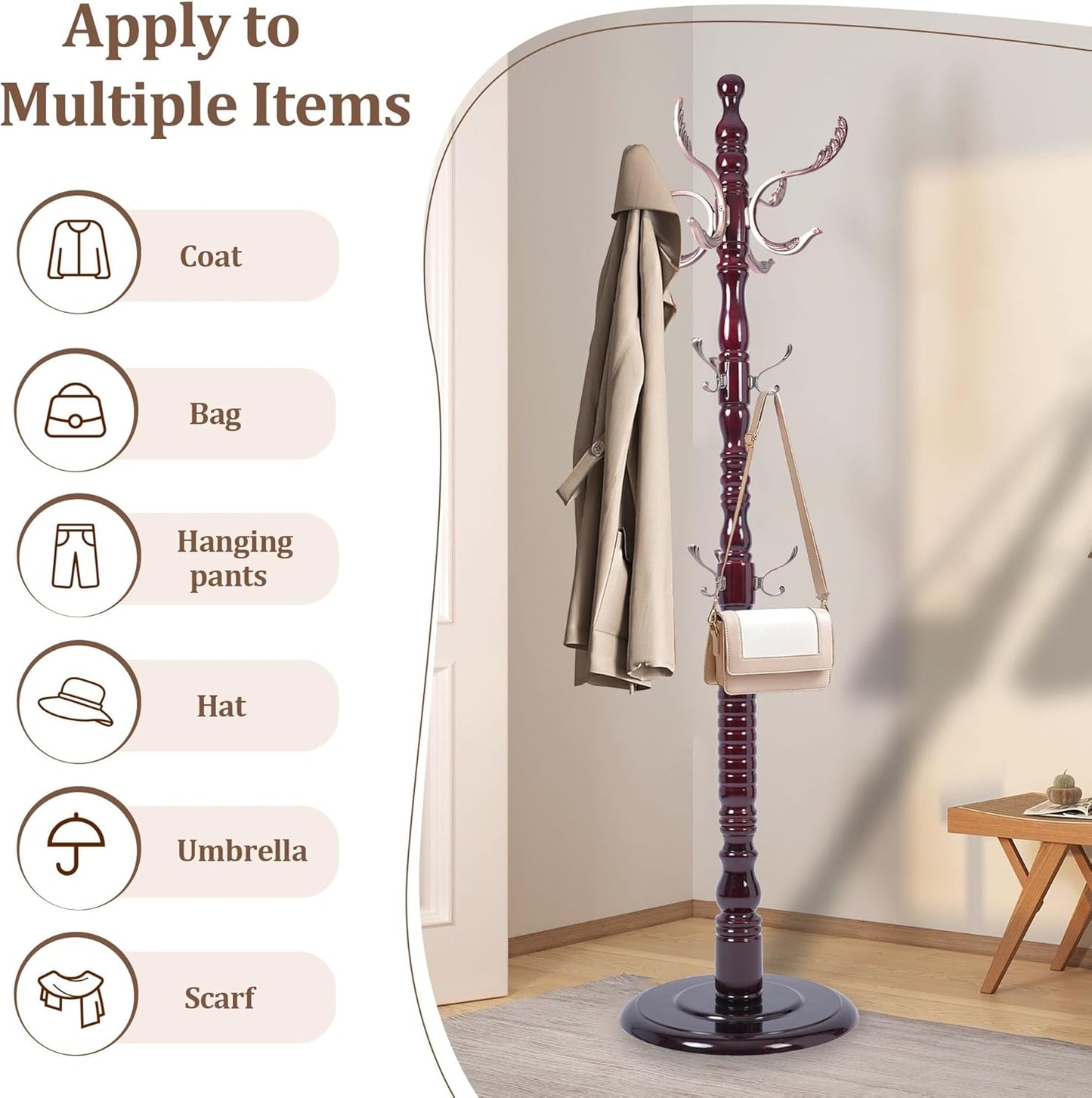 Wooden Coat Rack Free Standing 20 Metal Hooks, Vintage Coat Rack Stand for Entryway, Adjustable Height 73", Heavy Duty Coat Tree with Solid Round Base for Home Bedroom, Office(Walnut-m)