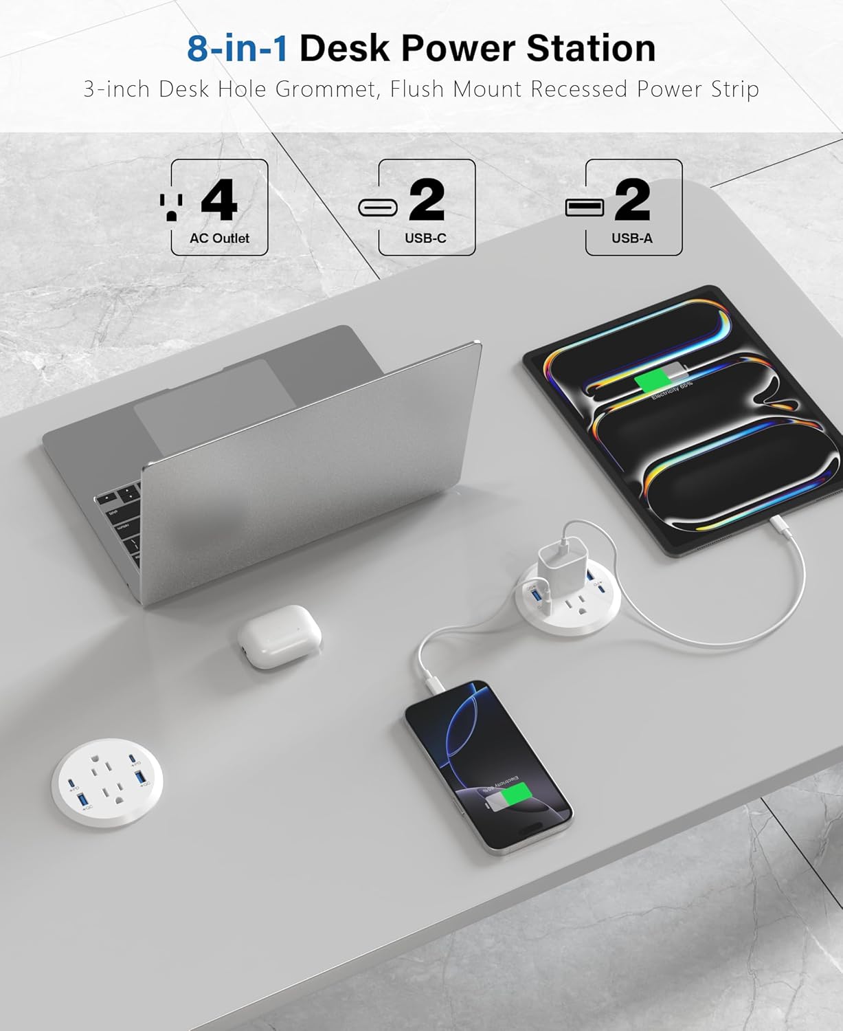 Jgstkcity Power Strip,Flush Mount Recessed Power Grommet,65W USB C Fast Charging,3-Inch Hole, 4 Outlets & 4 Ports, Ideal for Desktop & Countertop Outlet,Dual-Sided (White, 10FT)