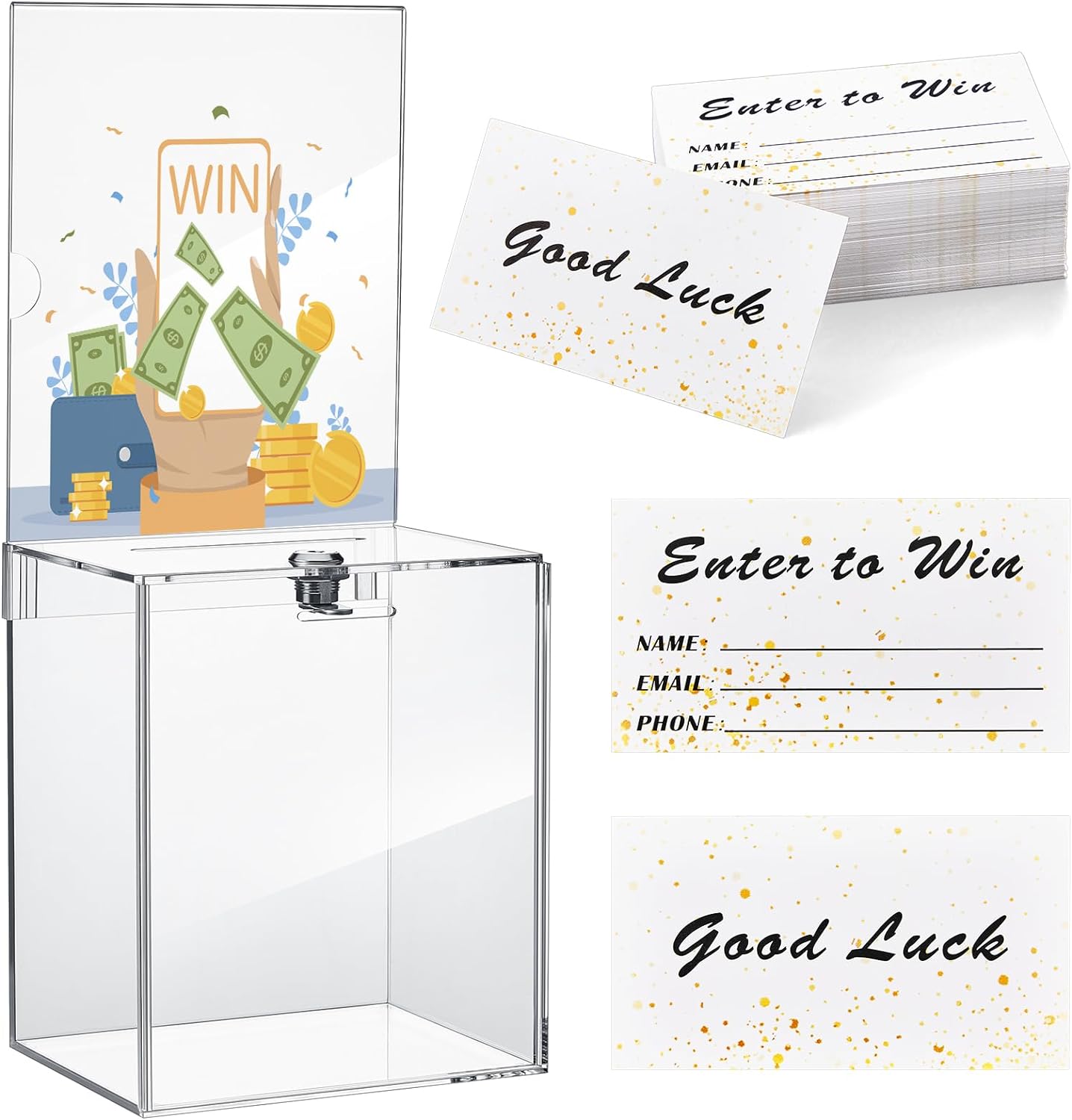 Teling Tall Acrylic Donation Box with Lock and Sign Plate Safe Suggestion Box with 100pcs Raffle Tickets Cards for Raffle, Money, Voting, Charity, Suggestion (Transparent, 6.7 x 5 x 8 Inch)
