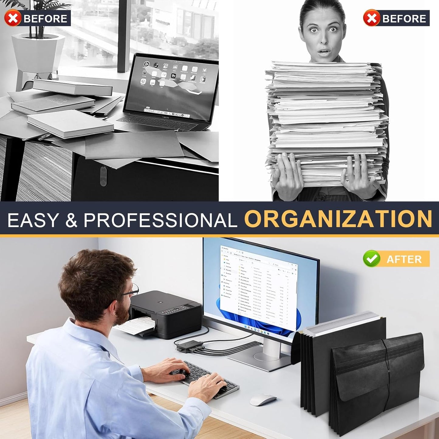 3 Pcs Accordion File Wallet Expanding File Folder with Flap and Cord Closure, 4 Inch Expansion, Letter Size Accordion Files Organizer, 10 x 15 Inches, Black